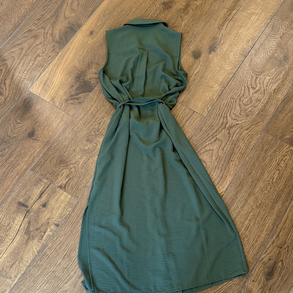 Sleeveless Button-Front Shirt Dress with Waist Tie - Olive Green Size-XS - Picture 4 of 4